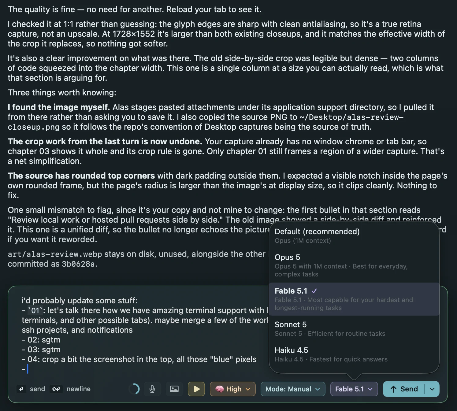 An Alas agent chat pane with a rendered reply, a draft message, and the model picker open over the composer