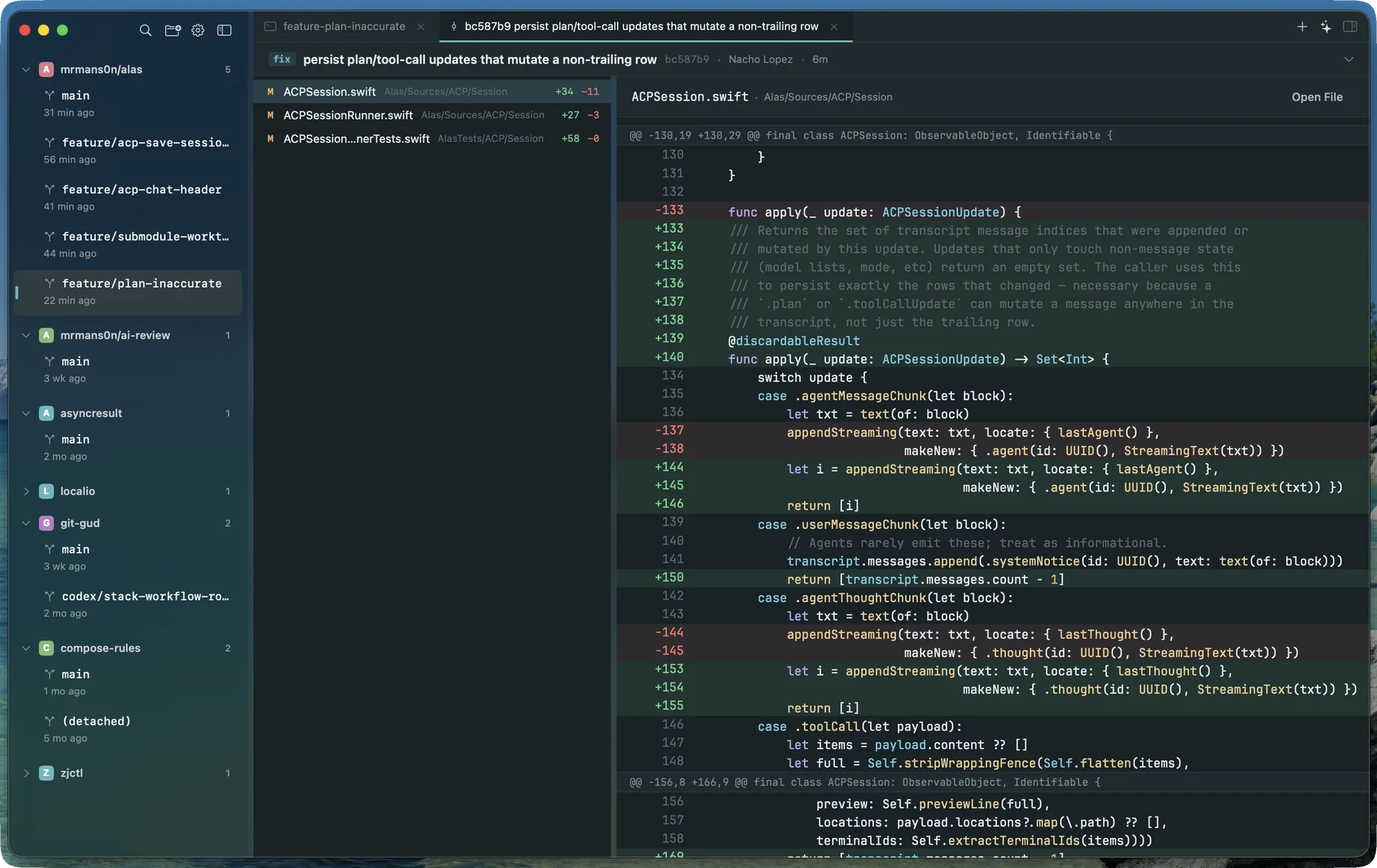 Alas app — reviewing an agent's diff with inline comments
