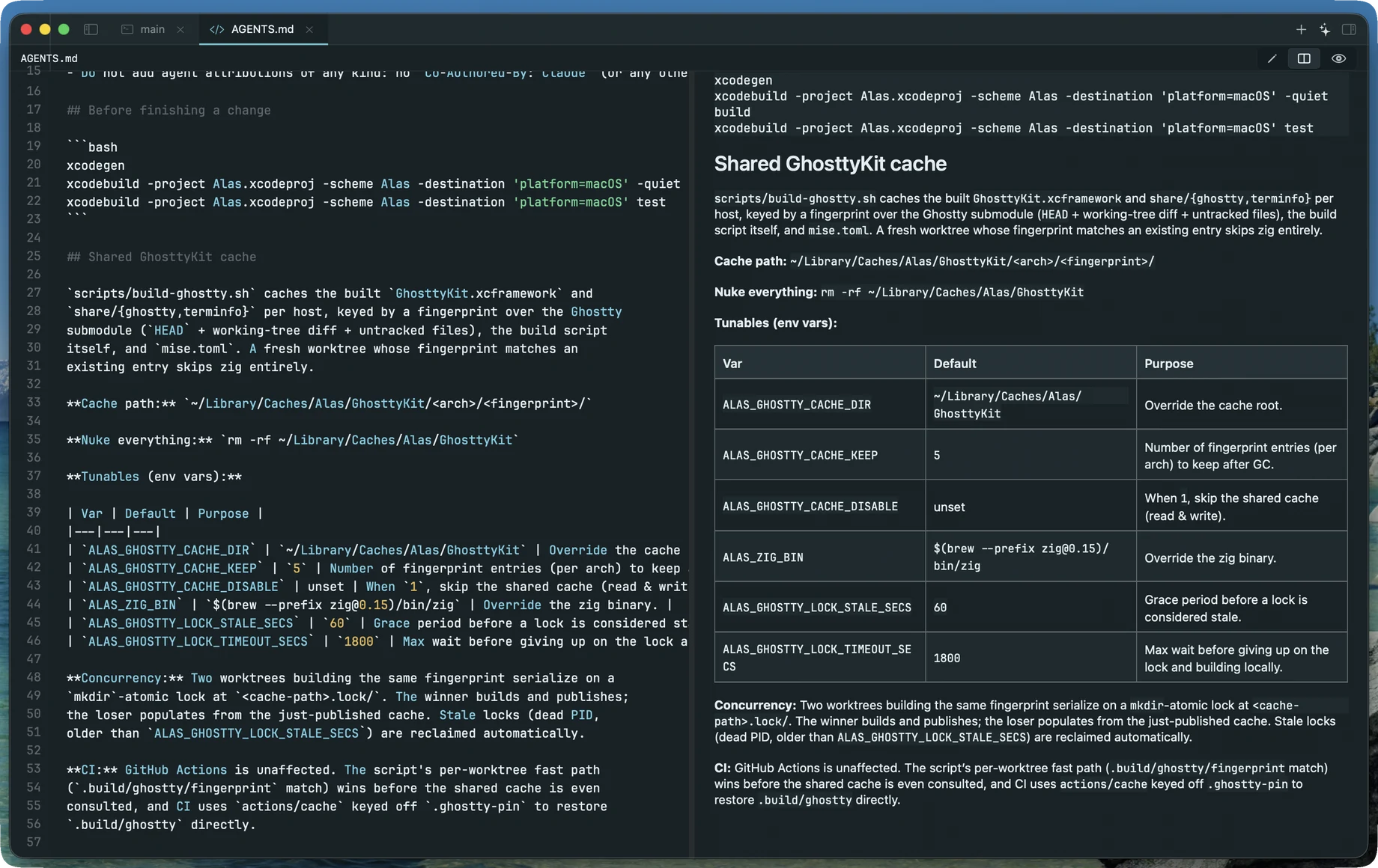 Alas app — rendered markdown view of agent output