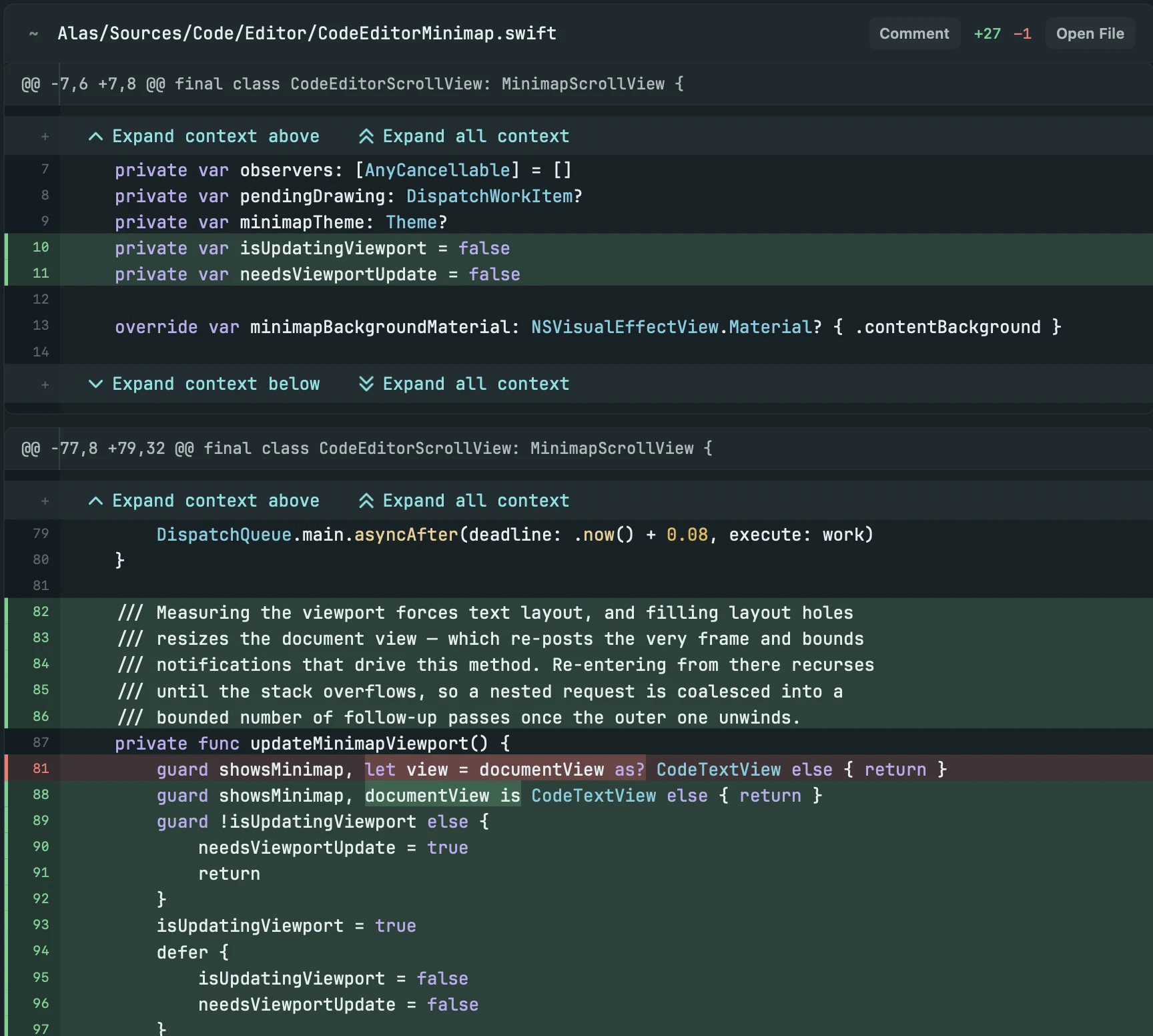 An Alas review diff of a Swift file, with added lines, a replaced line, and the comment and open-file controls