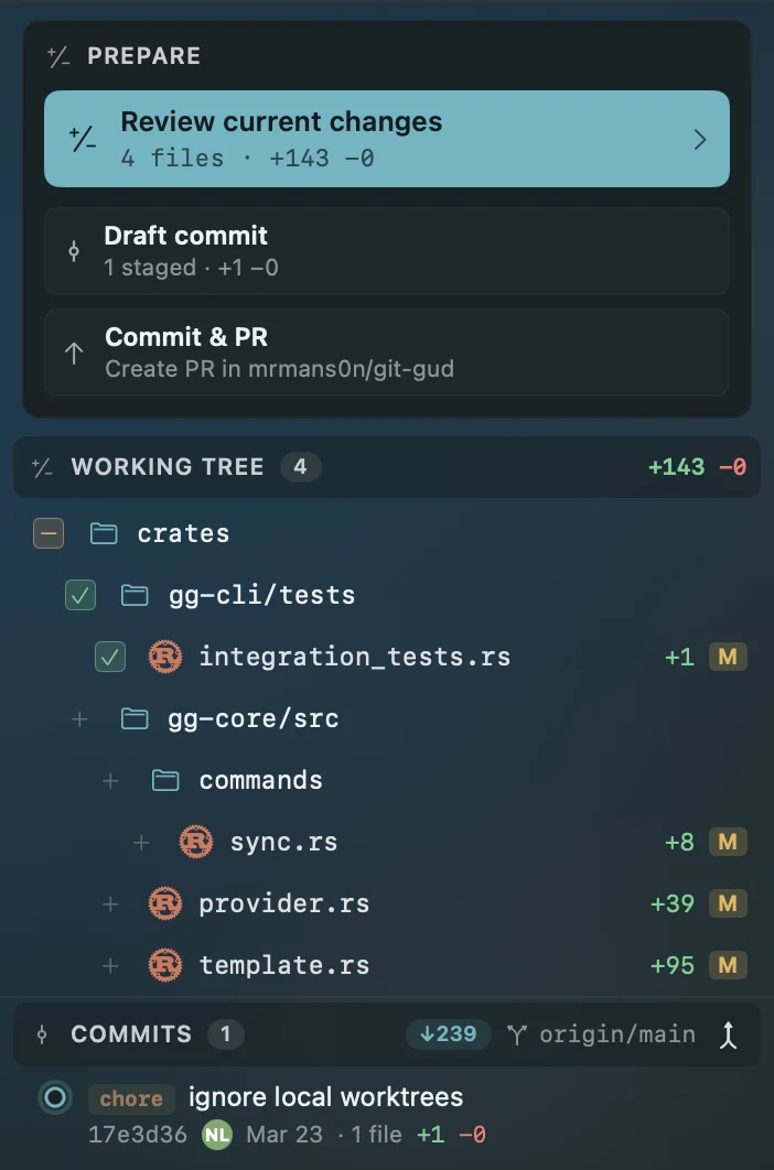 The Alas Git pane with review, draft-commit, and commit-and-PR actions above a staged working tree and the commit list