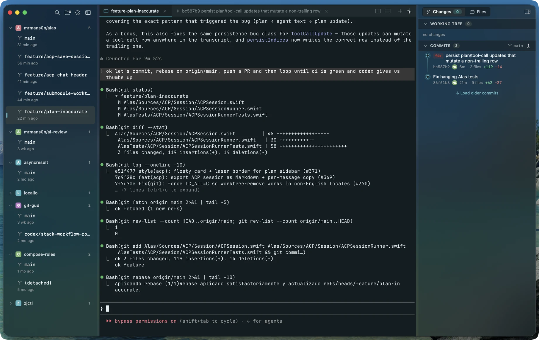 Alas app — Ghostty terminal running an agent inside a worktree