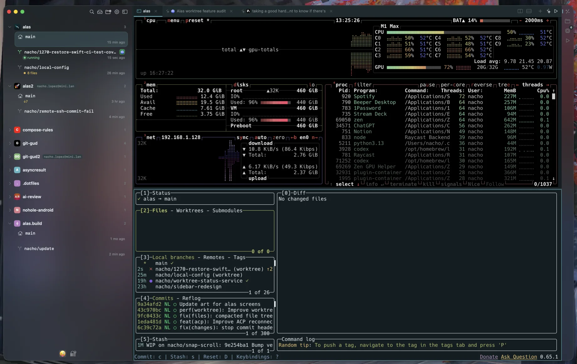 An Alas terminal pane running a system monitor beside a Git interface